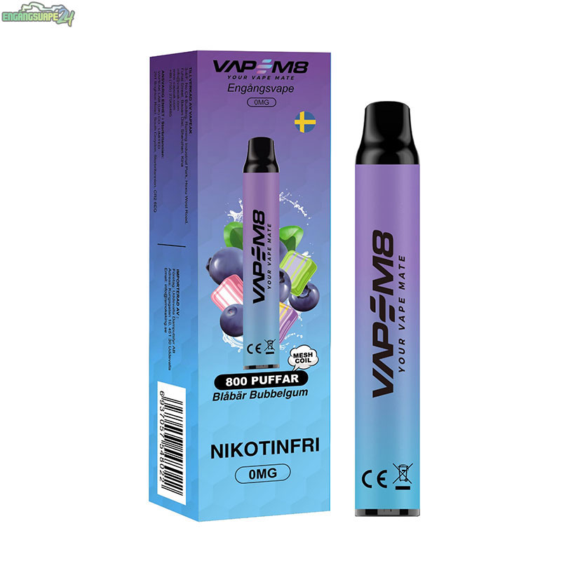 VapeM8-Engangs-Vape-800-Puff-nikotinfri-Blabar-Bubbelgum VapeM8-Engangs-Vape-800-Puff-nikotinfri-Blåbär-Bubbelgum