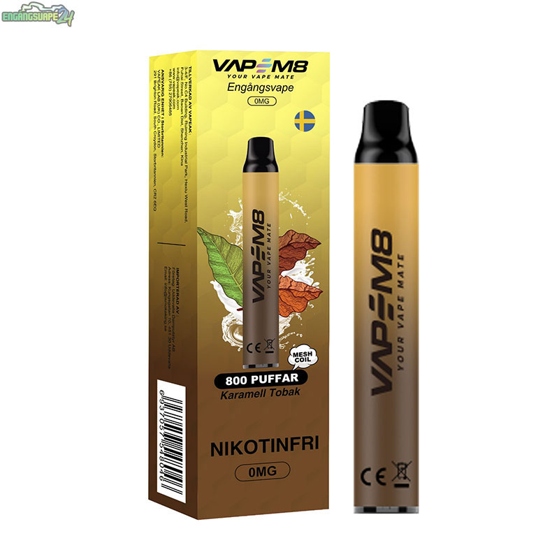 VapeM8-Engangs-Vape-800-Puff-nikotinfri-Karamell-Tobak VapeM8-Engangs-Vape-800-Puff-nikotinfri-Karamell-Tobak