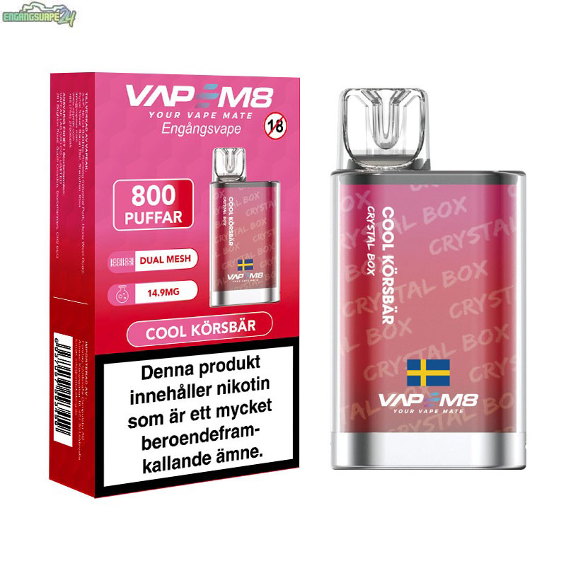 VapeM8-Crystal-Box-Cool-Korsbar-14mg VapeM8 Crystal Box Dual Mesh - Cool Körsbär 14.9mg 800 Puffar engångsvape med smak av bär och körsbär.