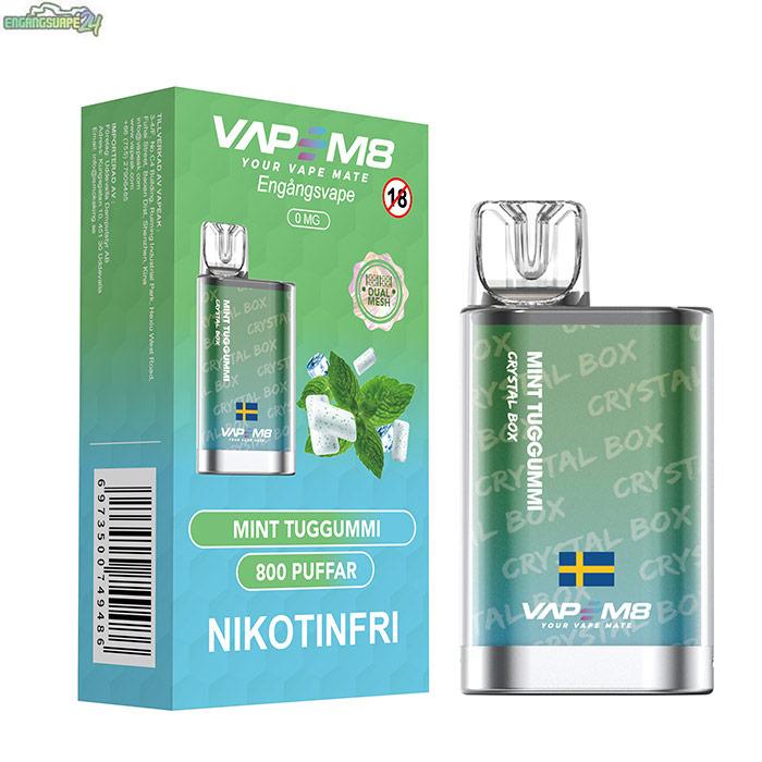 VapeM8-Crystal-Box-0mg-Mint-Tuggumi VapeM8 Crystal Box - Mint Tuggummi Nikotinfri 800 Puffar