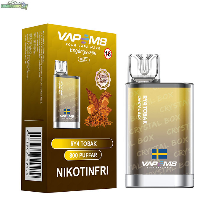 VapeM8-Crystal-Box-0mg-RY4-Tobak VapeM8 Crystal Box - Orginal Tobak Nikotinfri 800 Puffar