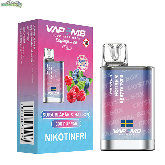 VapeM8-Crystal-Box-0mg-Sura-Blabar-Hallon VapeM8 Crystal Box - Sura Blåbär & Hallon Nikotinfri 800 Puffar