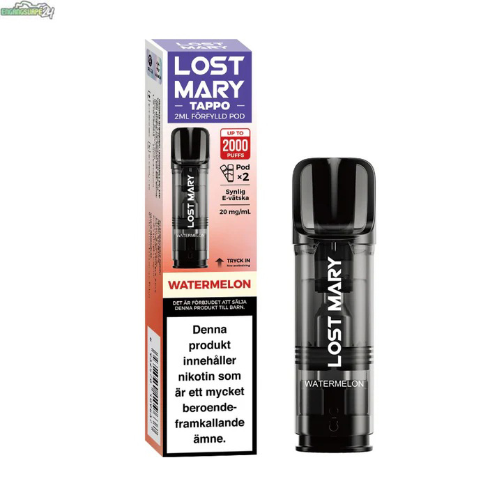 Watermelon-20mg-2p-lost-mary-tappo-pod Lost Mary Tappo Air 2x Smakpod 20mg - Watermelon 1000 Puffar